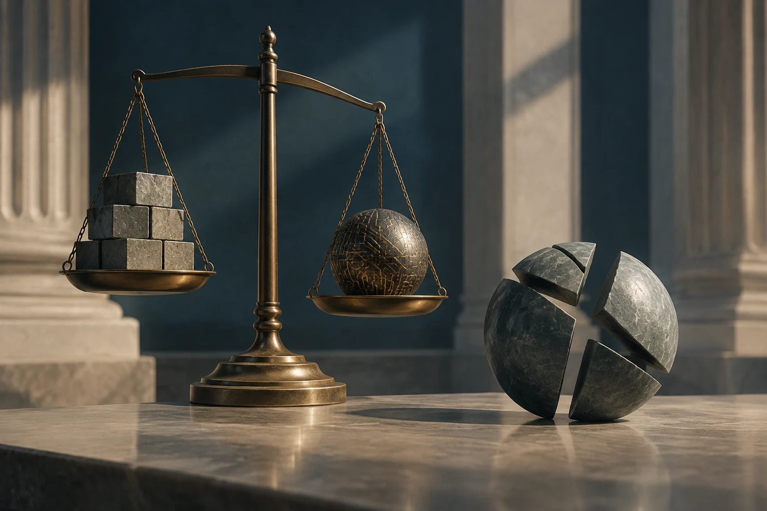Una bilancia di bronzo regge blocchi di pietra su un piatto e una sfera scura con linee simili a circuiti sull’altro; accanto c’è una sfera di pietra frammentata, con colonne classiche sullo sfondo.