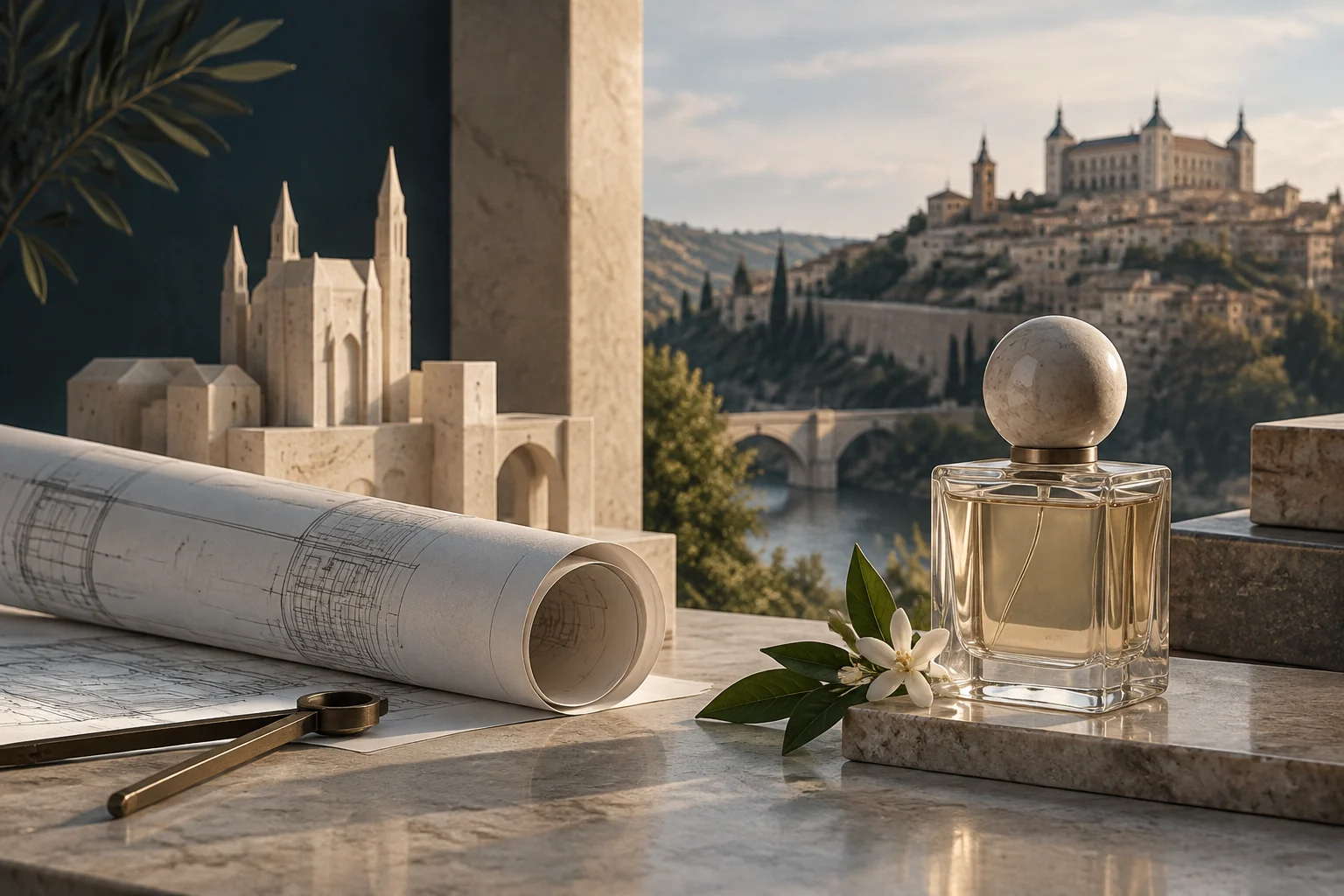 Progetti architettonici arrotolati e un compasso sono accanto a un flacone di profumo e a un fiore bianco; sullo sfondo si vedono una città storica e un ponte in pietra.