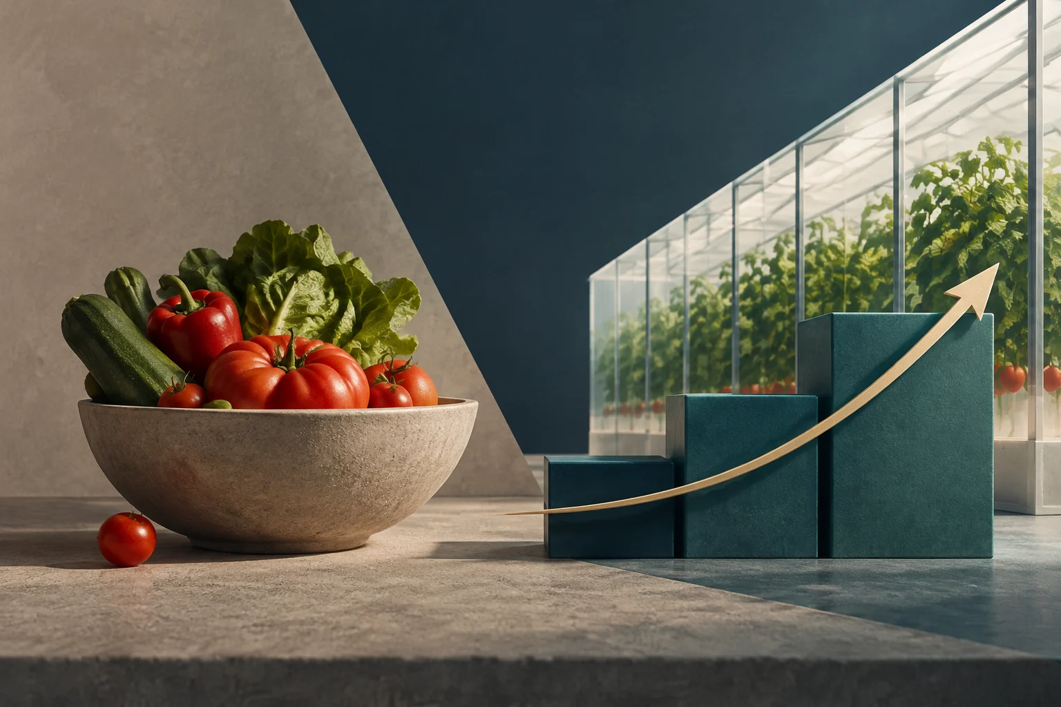 Una ciotola con pomodori, peperoni, zucchine e foglie verdi è davanti a una serra; a destra, una freccia dorata sale sopra tre blocchi a gradini.