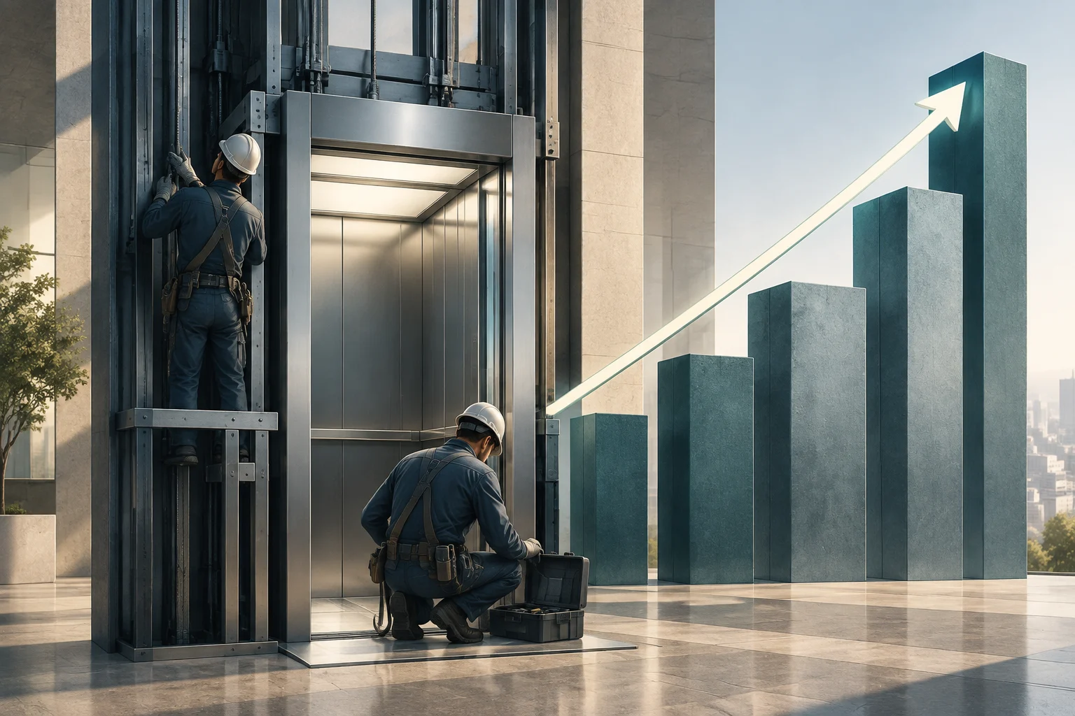 Due tecnici con il casco lavorano su un ascensore aperto; accanto, barre di altezza crescente culminano in una freccia verso l’alto.