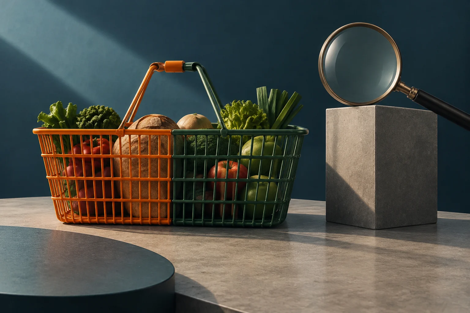 Due cestini della spesa, uno arancione e uno verde, sono uniti e pieni di frutta e verdura. Accanto, una lente d’ingrandimento poggia su un blocco di pietra.