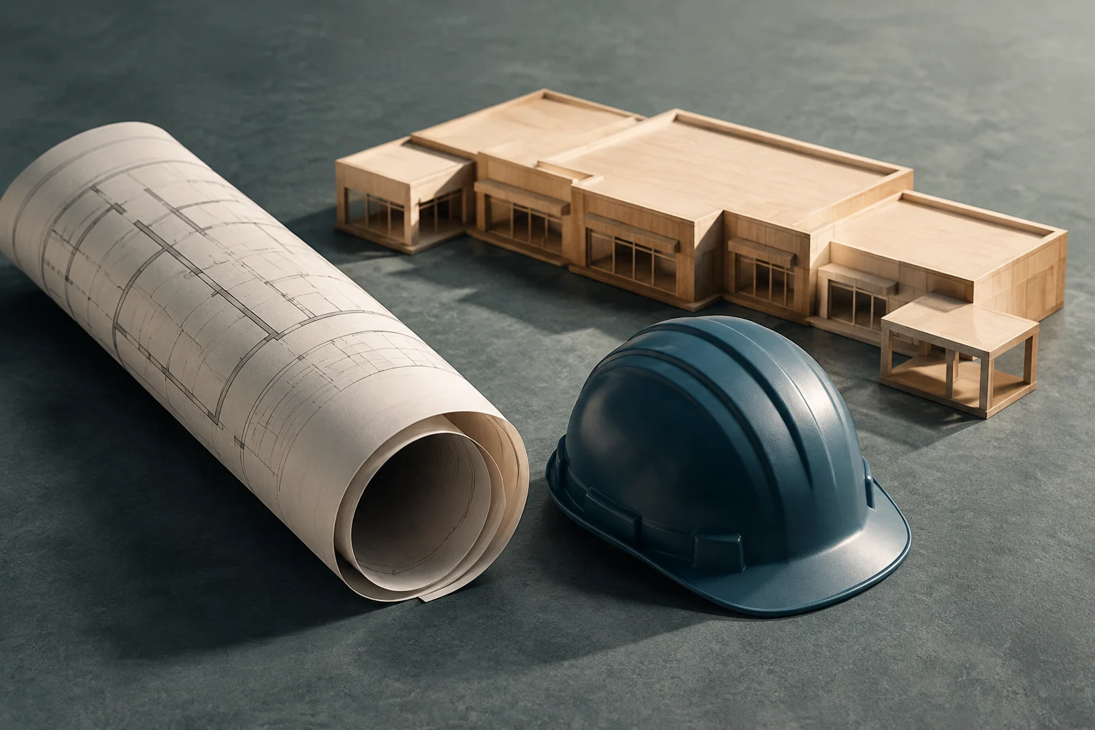 Modello di un edificio commerciale a un piano accanto a una planimetria architettonica arrotolata e a un casco da cantiere blu.