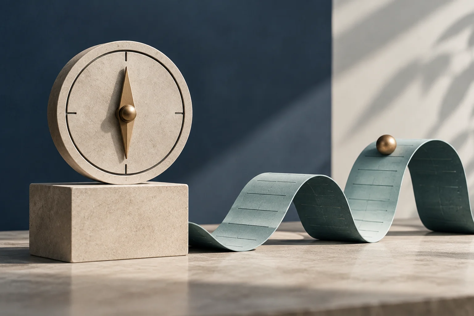 Un orologio circolare di pietra su un blocco, accanto a un nastro verde-azzurro che forma onde su una superficie chiara.