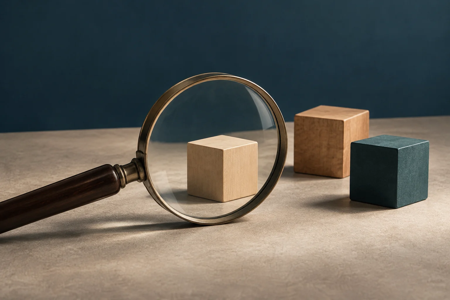 Una lente d’ingrandimento ingrandisce un cubo di legno chiaro; altri due cubi si trovano dietro e di lato, su una superficie liscia.