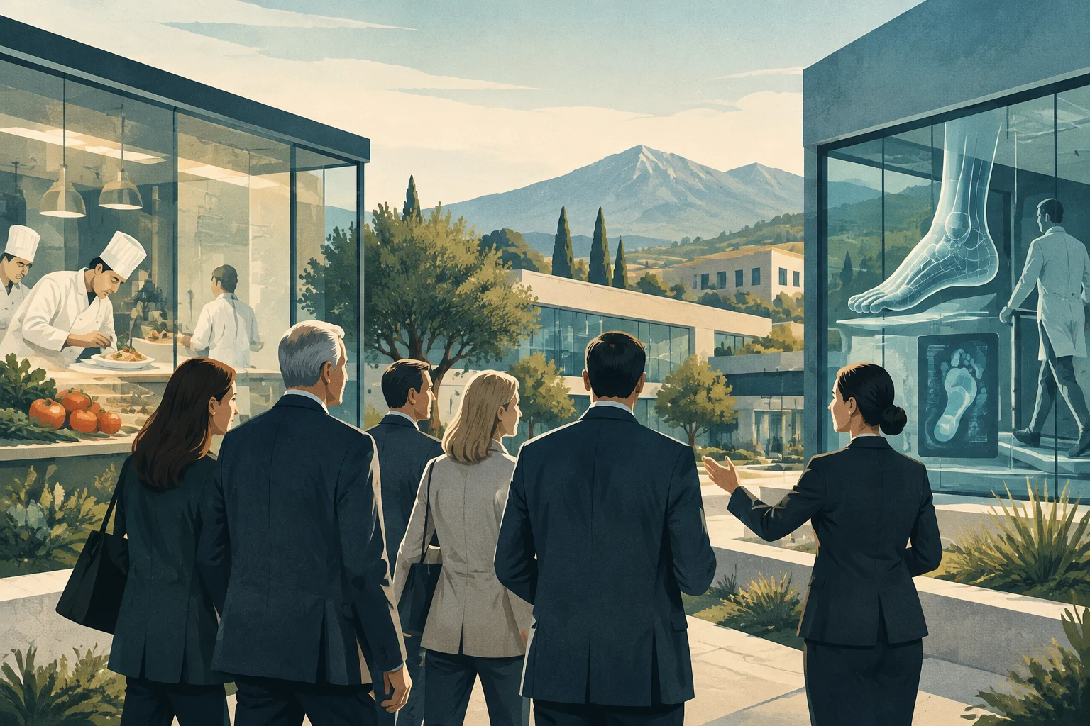Un gruppo di visitatori attraversa un campus moderno, tra una cucina professionale e un’esposizione tecnologica di un piede, con montagne sullo sfondo.