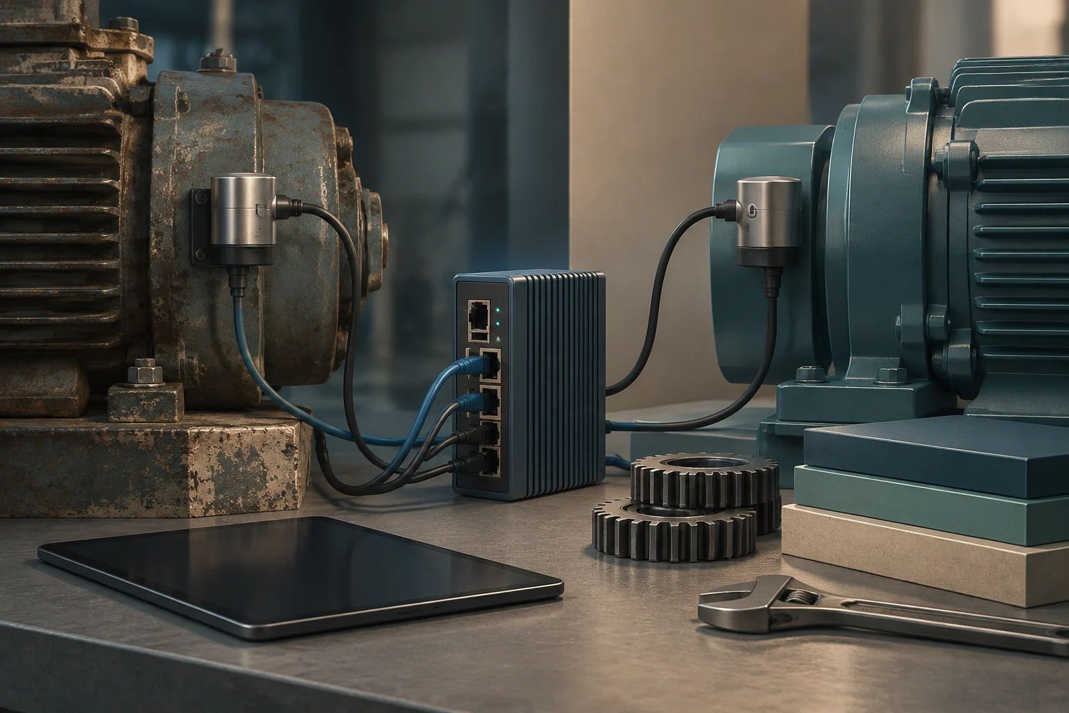 Due motori industriali, uno usurato e uno blu, hanno sensori collegati tramite cavi a un modulo di rete. Sul banco si trovano un tablet, ingranaggi e una chiave inglese.