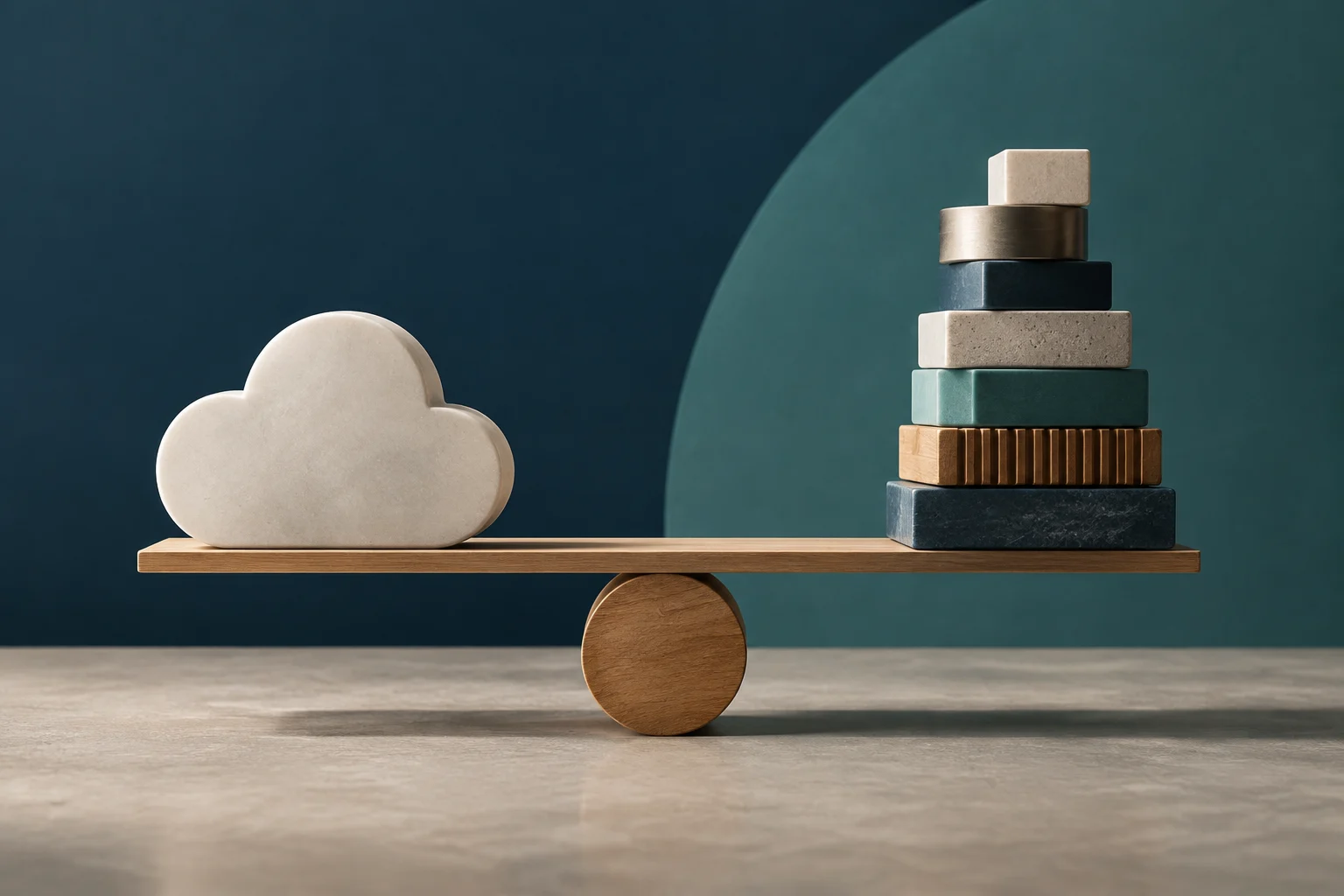 Una forma di nuvola e una pila di blocchi di materiali diversi si trovano ai lati opposti di una bilancia di legno.
