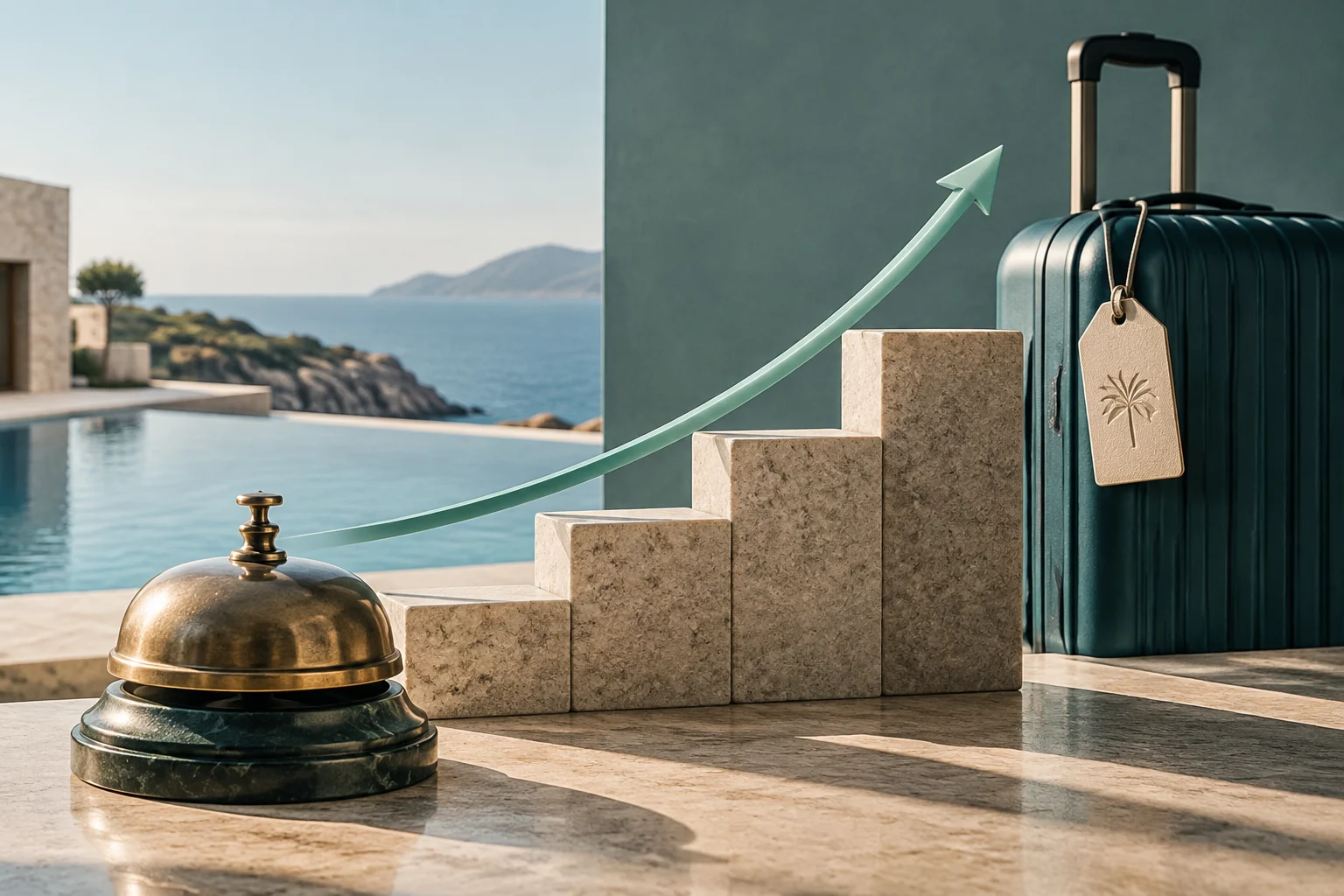 Un campanello da reception e una valigia accanto a blocchi a gradini e a una freccia verso l’alto, con una piscina e il mare sullo sfondo.