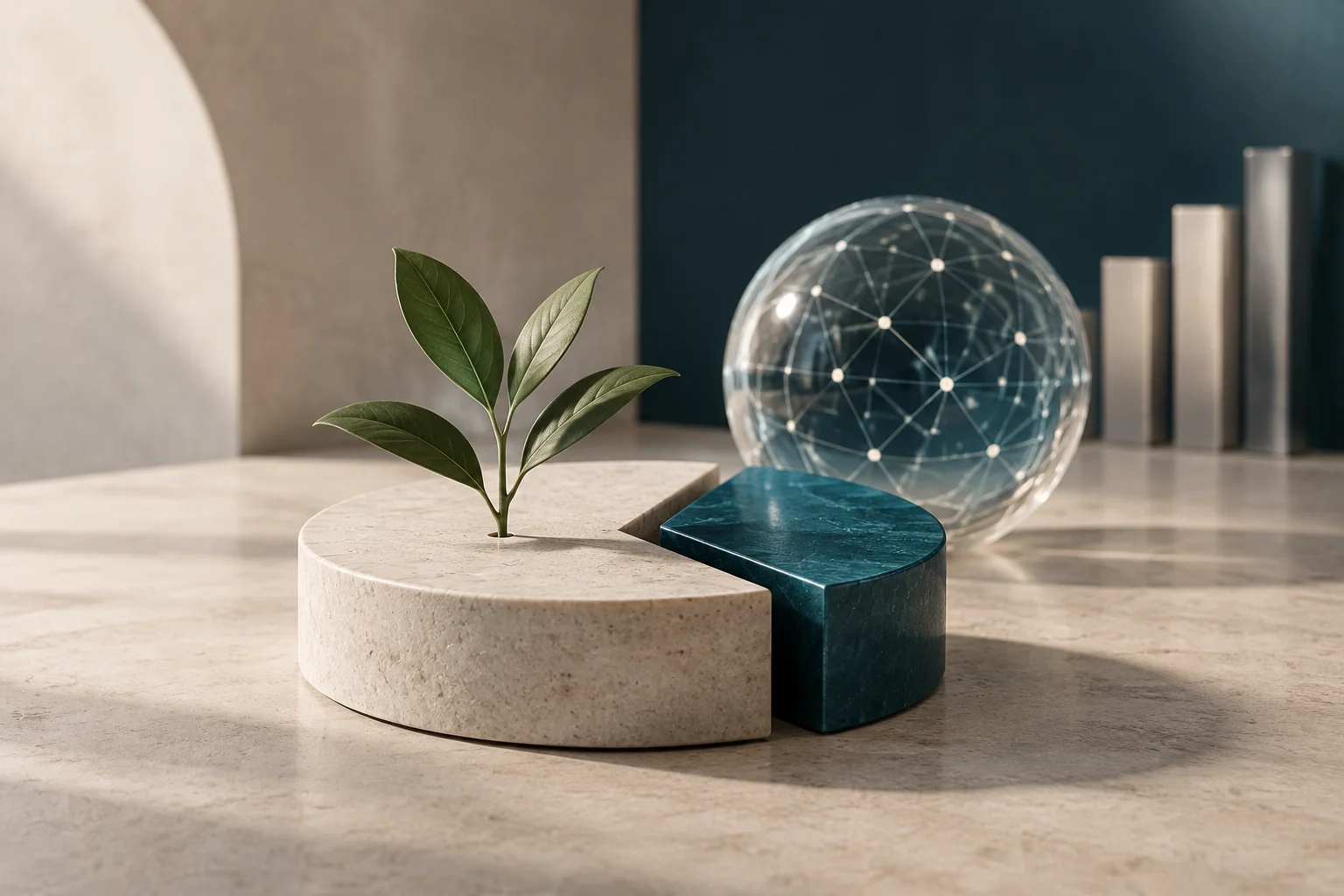 Una giovane pianta cresce su una base chiara, accanto a una sfera trasparente con una rete di connessioni e diverse forme verticali sullo sfondo.