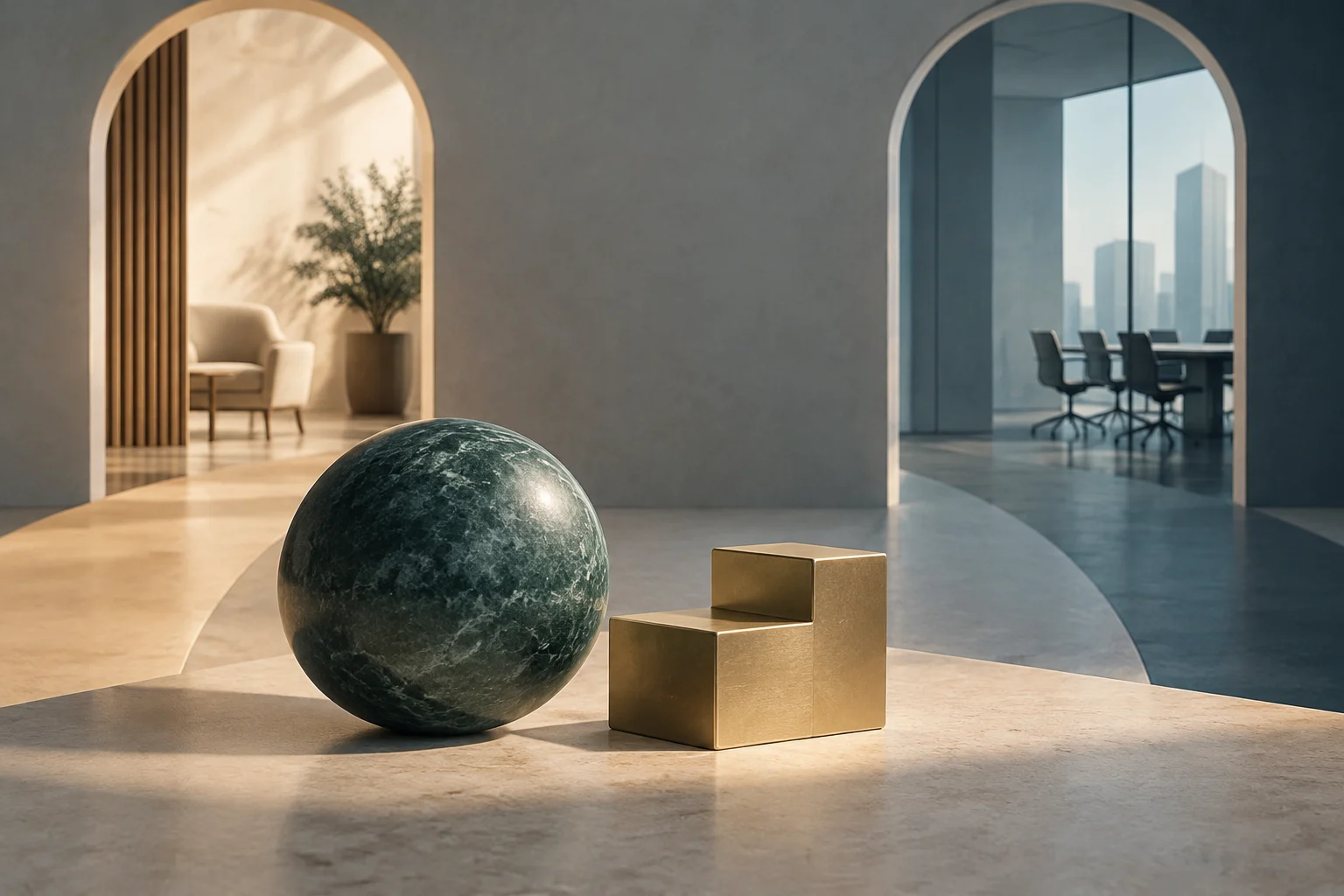 Una sfera di pietra scura e due blocchi dorati a gradini si trovano in primo piano in uno spazio moderno; sullo sfondo si vedono un salotto e una sala riunioni con pareti vetrate.