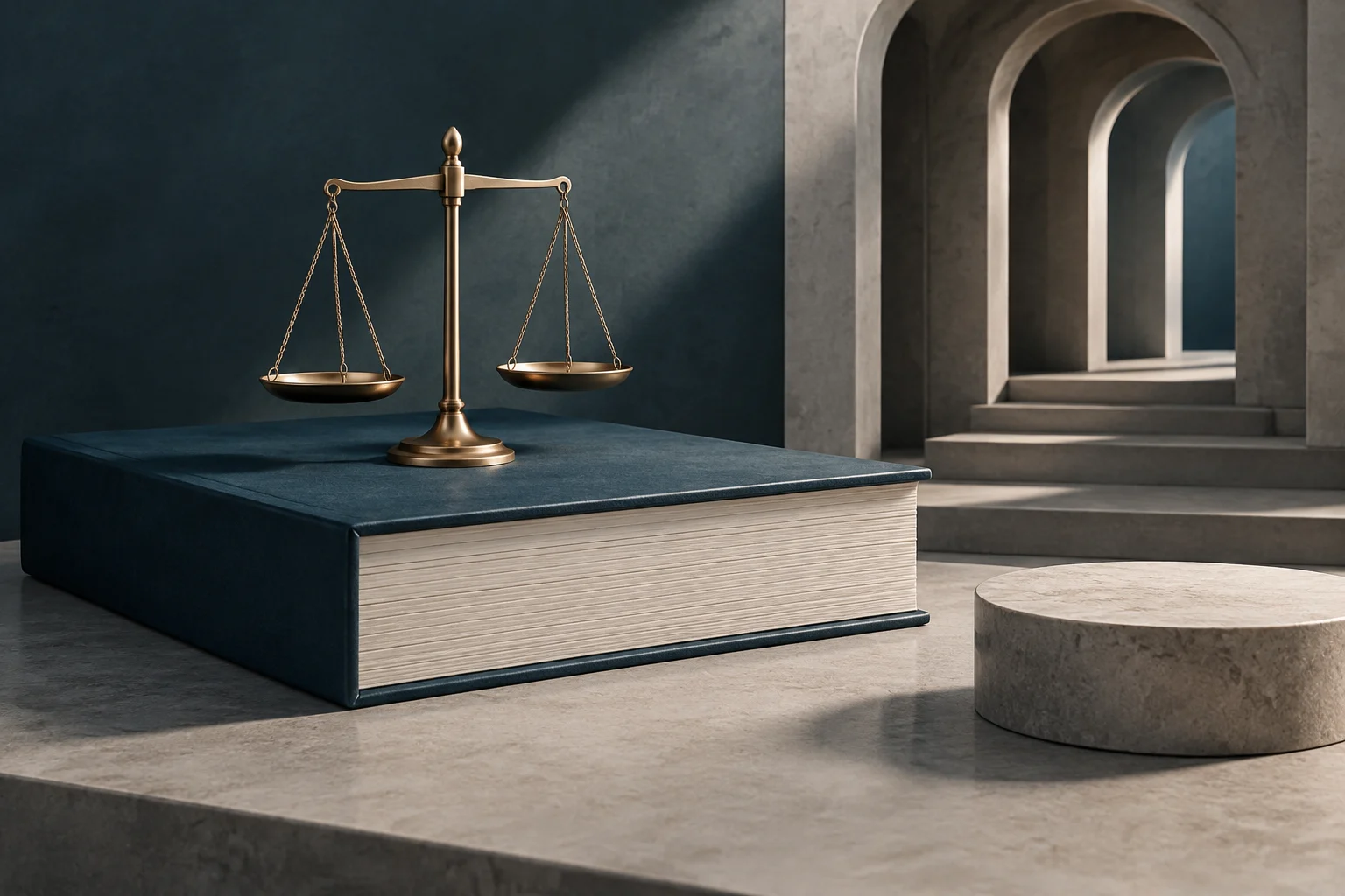 Una bilancia in ottone su un libro spesso, con una successione di archi in pietra sullo sfondo.