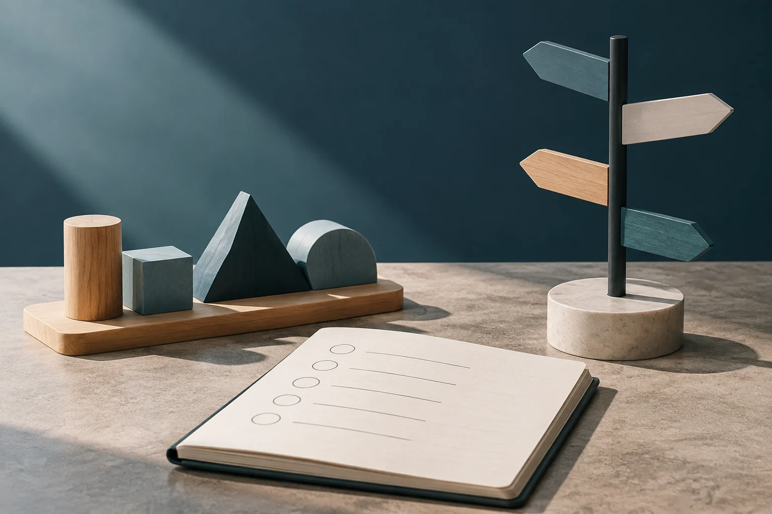 Un quaderno aperto con caselle e righe vuote è accanto a un palo con frecce di materiali diversi e a un insieme di forme geometriche su una base.
