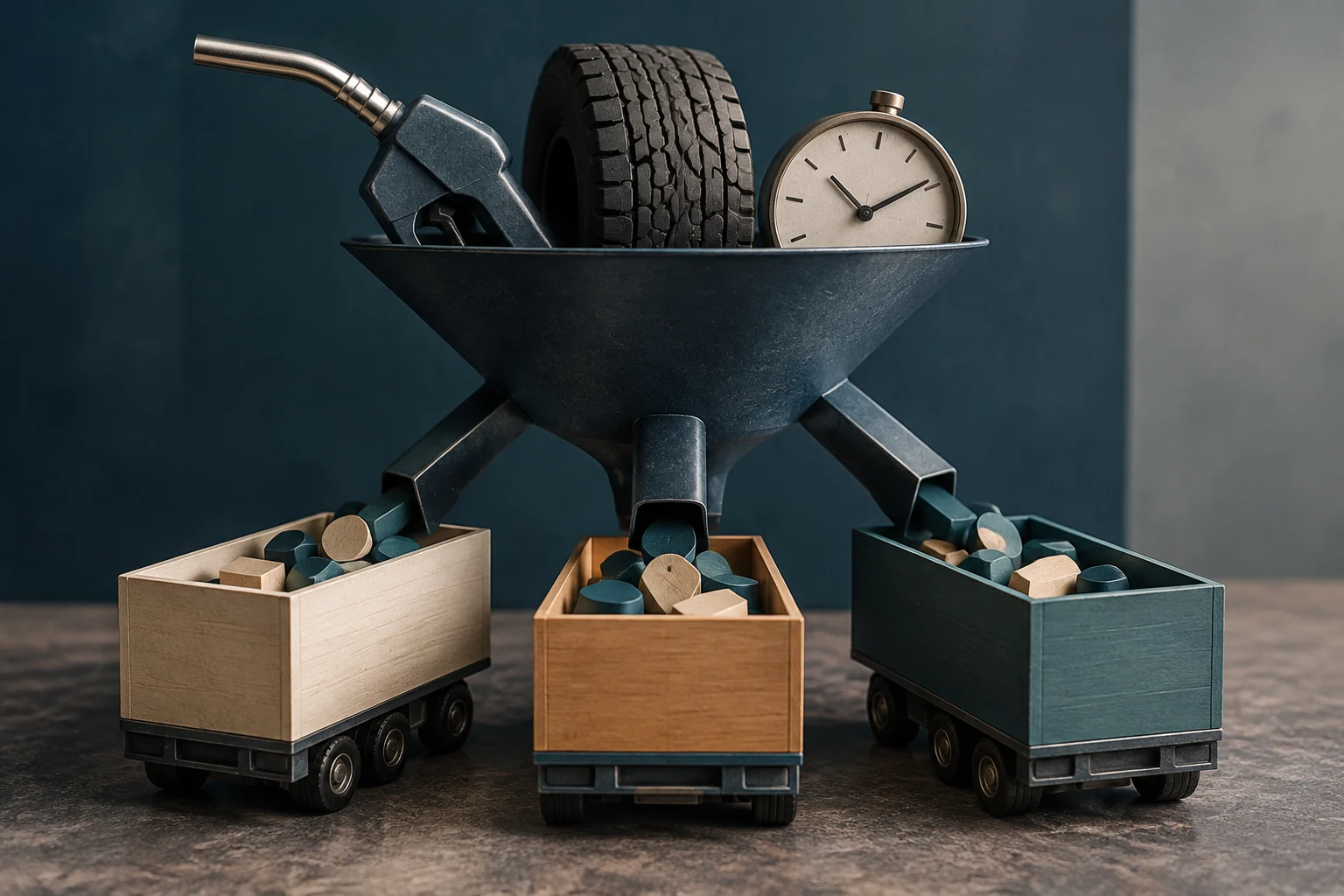 Un contenitore scuro distribuisce pezzi di legno e dischi in tre piccoli veicoli da trasporto. Sopra si trovano una pistola erogatrice di carburante, uno pneumatico e un orologio analogico.