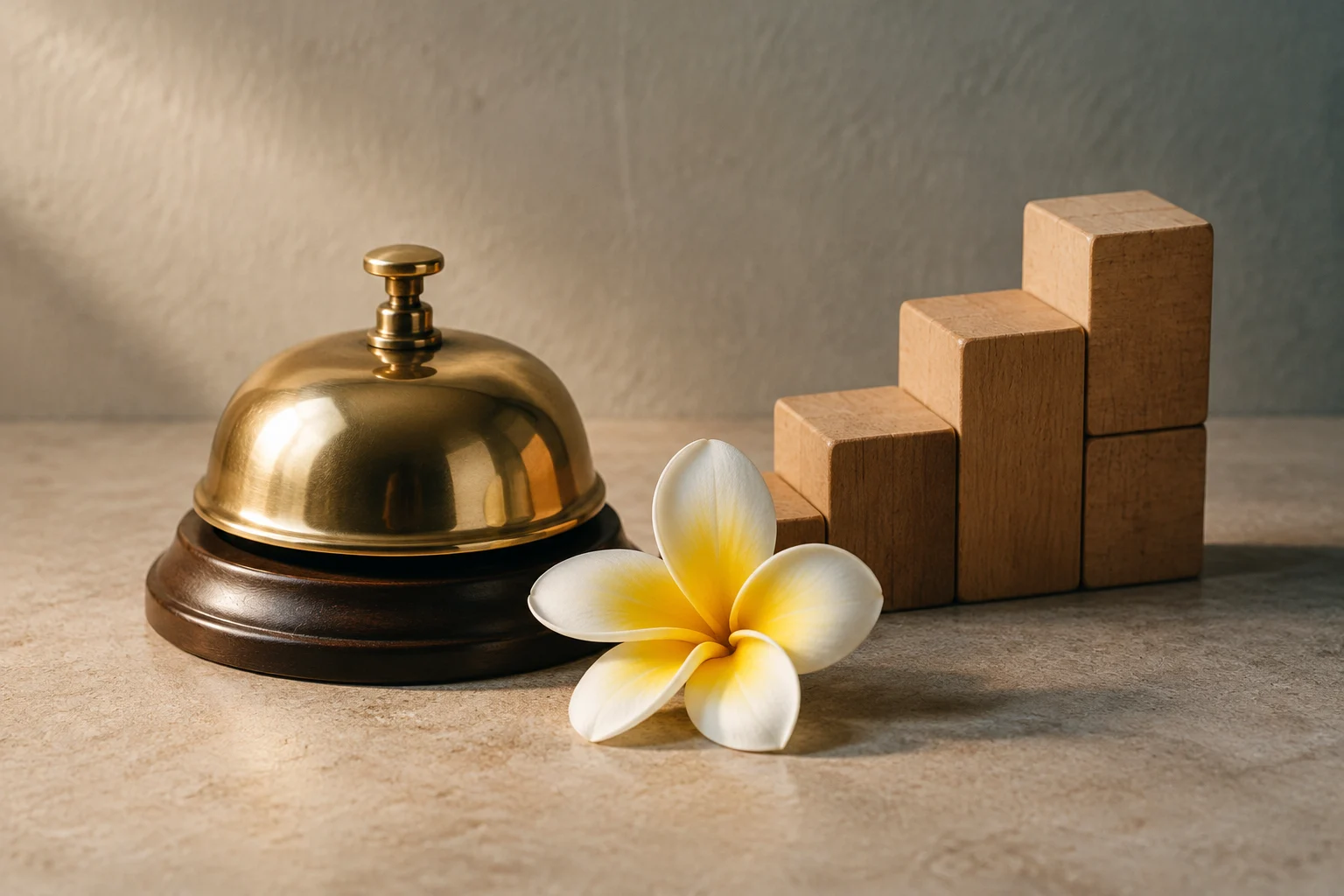 Un campanello dorato da reception e un fiore bianco e giallo sono accanto a blocchi di legno disposti a gradini crescenti.