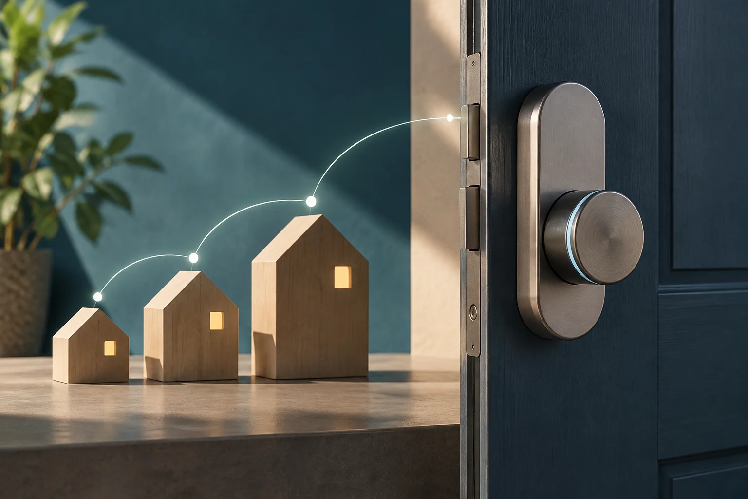 Una serratura intelligente in metallo su una porta scura, accanto a tre casette di legno collegate da una linea curva di punti luminosi.