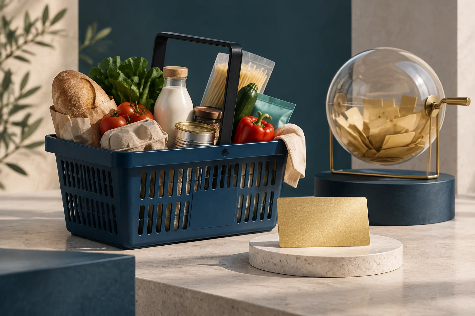 Un cestino blu pieno di alimenti e prodotti da dispensa è accanto a un tamburo trasparente con biglietti e a una carta dorata senza scritte su un piedistallo.