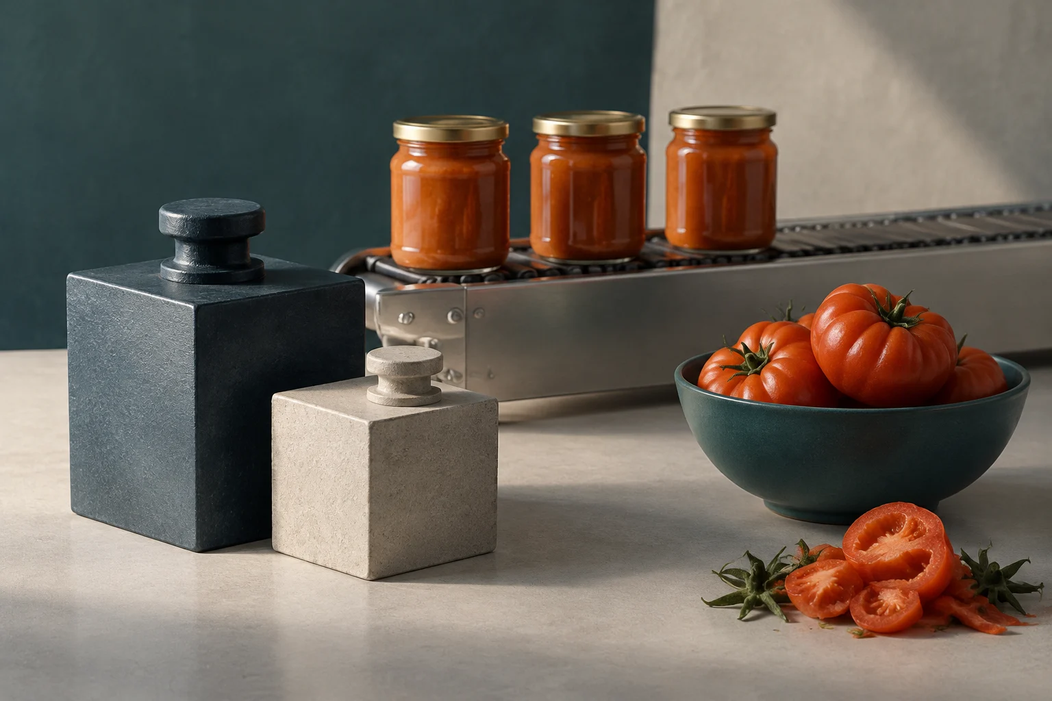 Due pesi di dimensioni diverse accanto a pomodori freschi e alcuni barattoli di conserve su un nastro trasportatore.