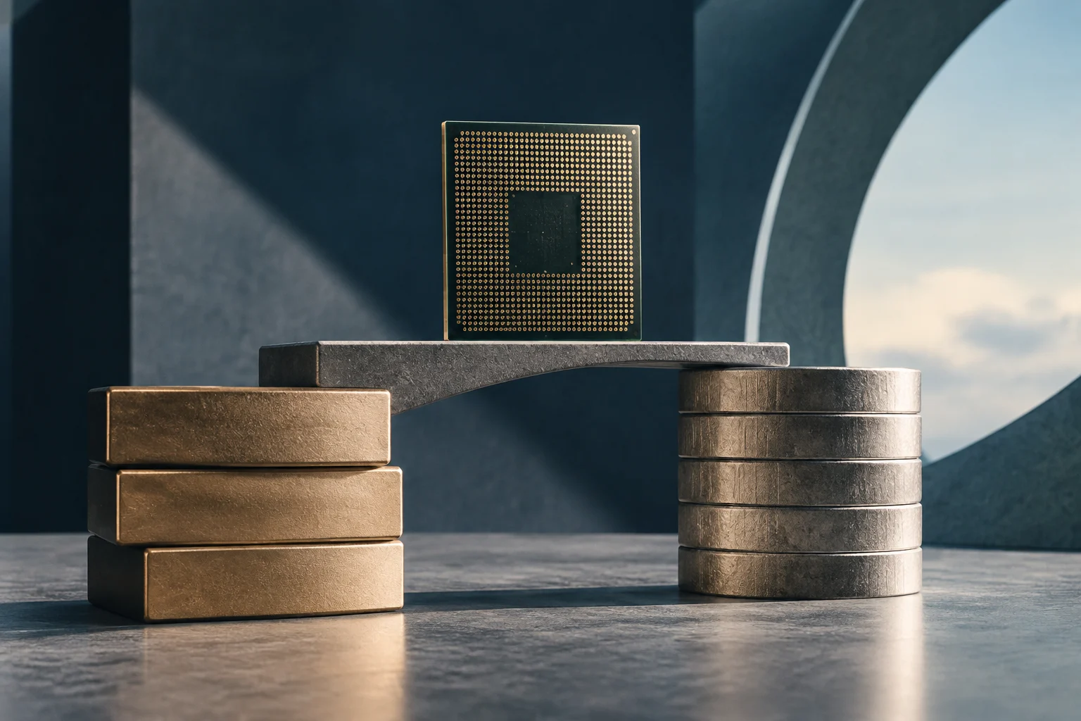 Un chip quadrato con contatti dorati è in equilibrio su una lastra tra due pile di blocchi metallici, su una superficie scura.