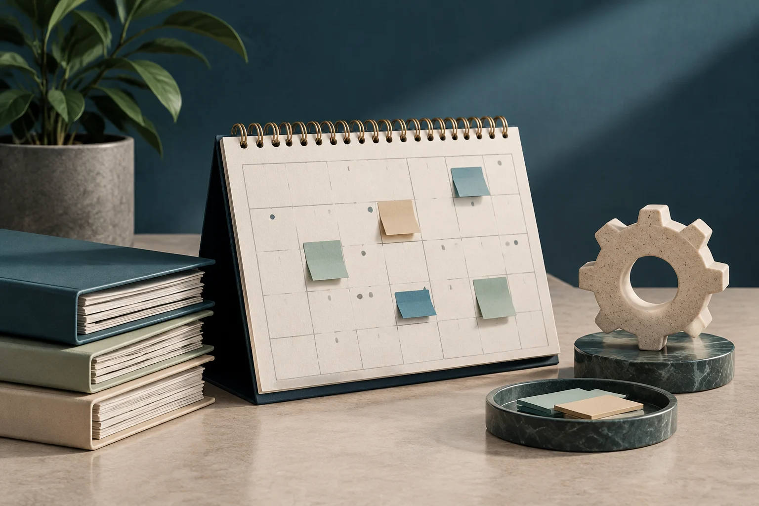 Un calendario da tavolo con foglietti adesivi colorati è al centro, affiancato da cartelle con fogli da un lato e da un oggetto decorativo a forma di ingranaggio dall’altro.