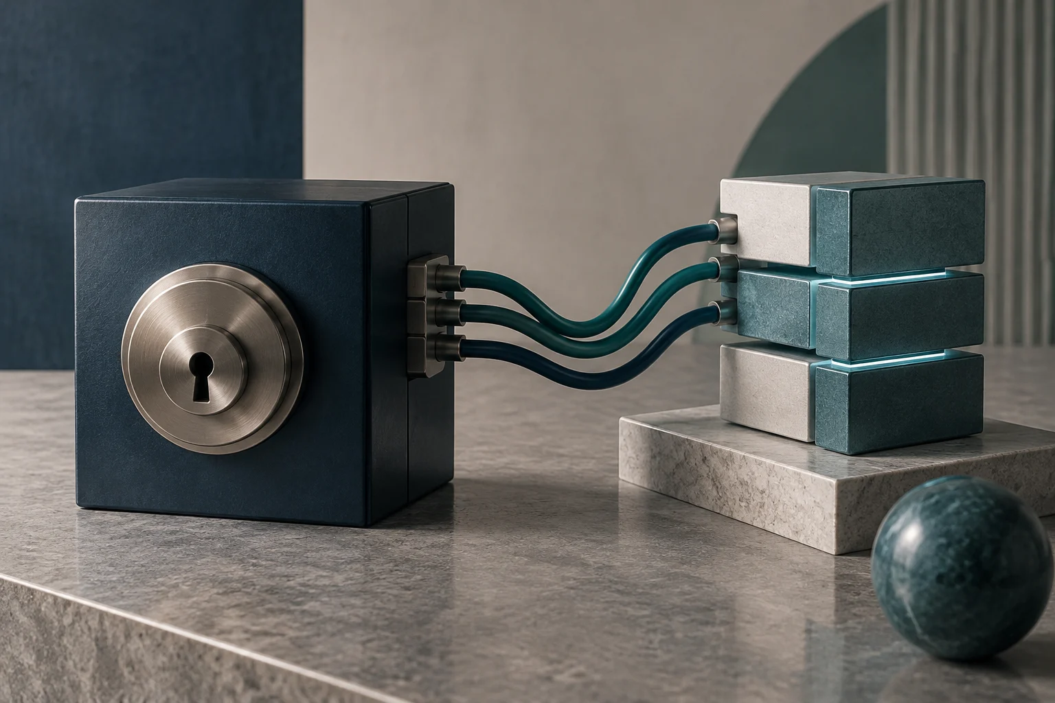 Un lucchetto in metallo scuro è collegato tramite tre cavi curvi a una pila di blocchi tecnologici su una superficie.