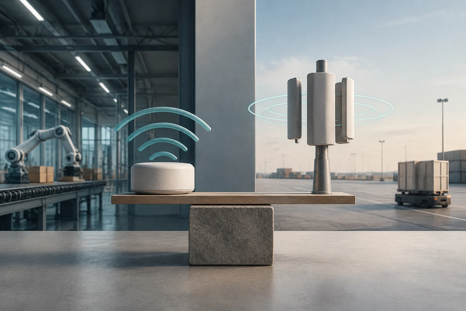 Una bilancia divide una scena industriale: a sinistra, un dispositivo con onde Wi-Fi davanti a una fabbrica; a destra, un’antenna accanto a un piazzale industriale con un veicolo da carico.