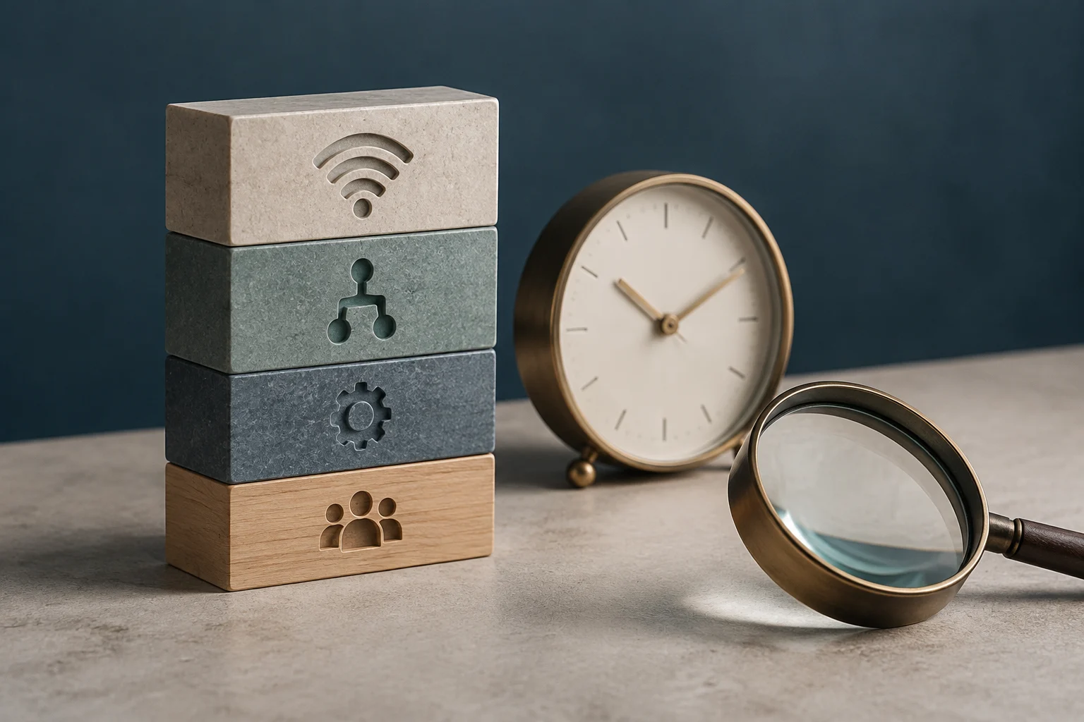 Quattro blocchi impilati mostrano i simboli di Wi-Fi, rete, ingranaggio e persone; accanto ci sono un orologio analogico e una lente d’ingrandimento su un tavolo.