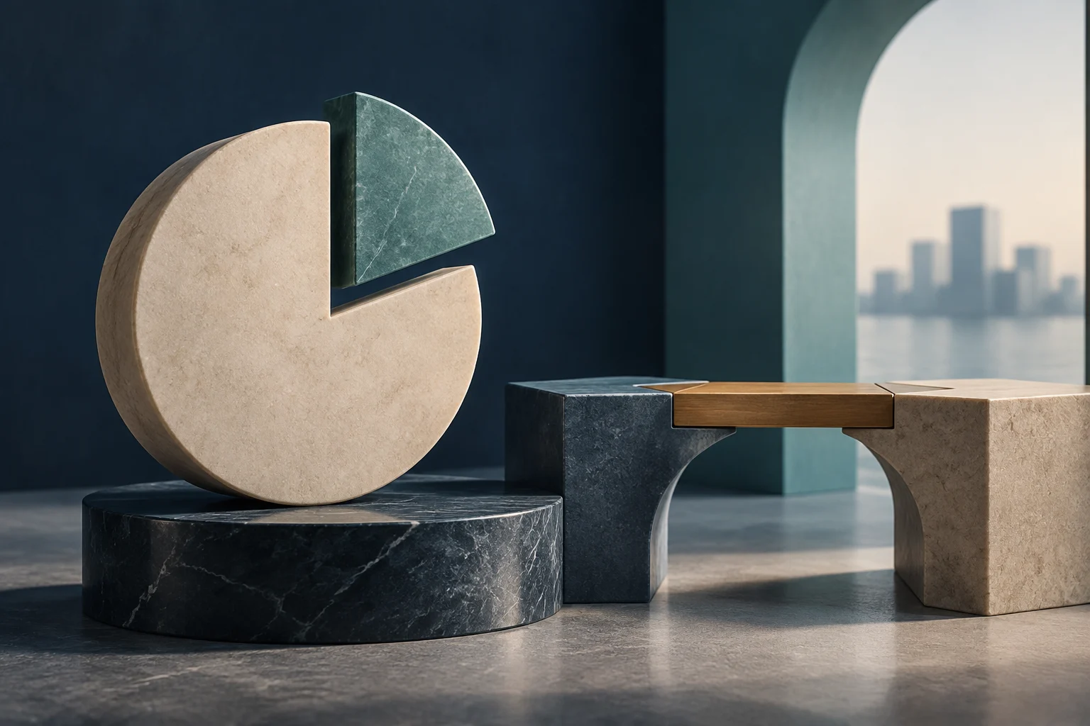 Una forma circolare in pietra, con un segmento separato, poggia su un piedistallo scuro accanto a una struttura di blocchi uniti da un elemento di legno. Sullo sfondo, una finestra ad arco si affaccia su edifici vicino all’acqua.
