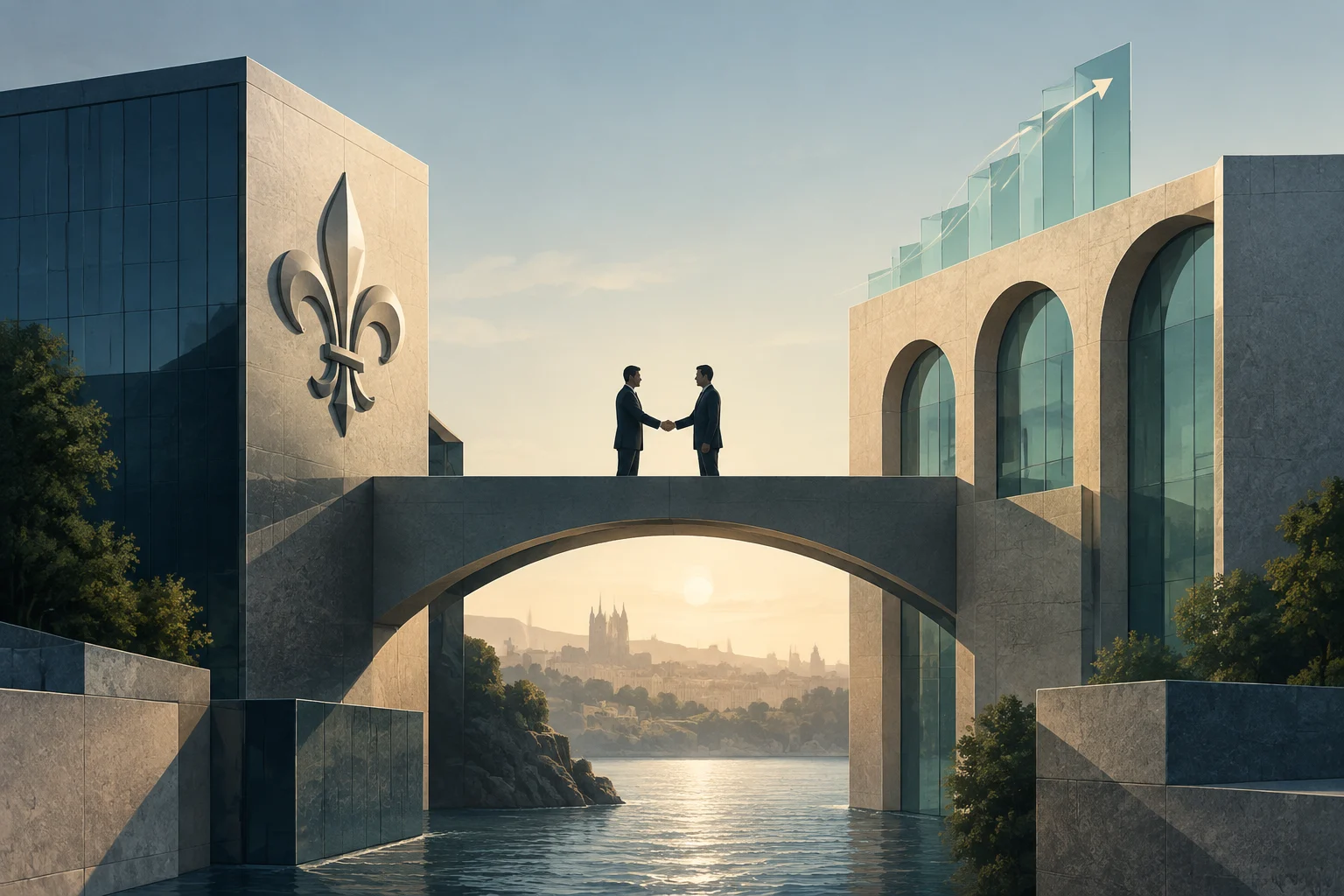 Due persone si stringono la mano su un ponte tra edifici moderni; sul tetto si vede una freccia verso l’alto e sullo sfondo una città in riva all’acqua.