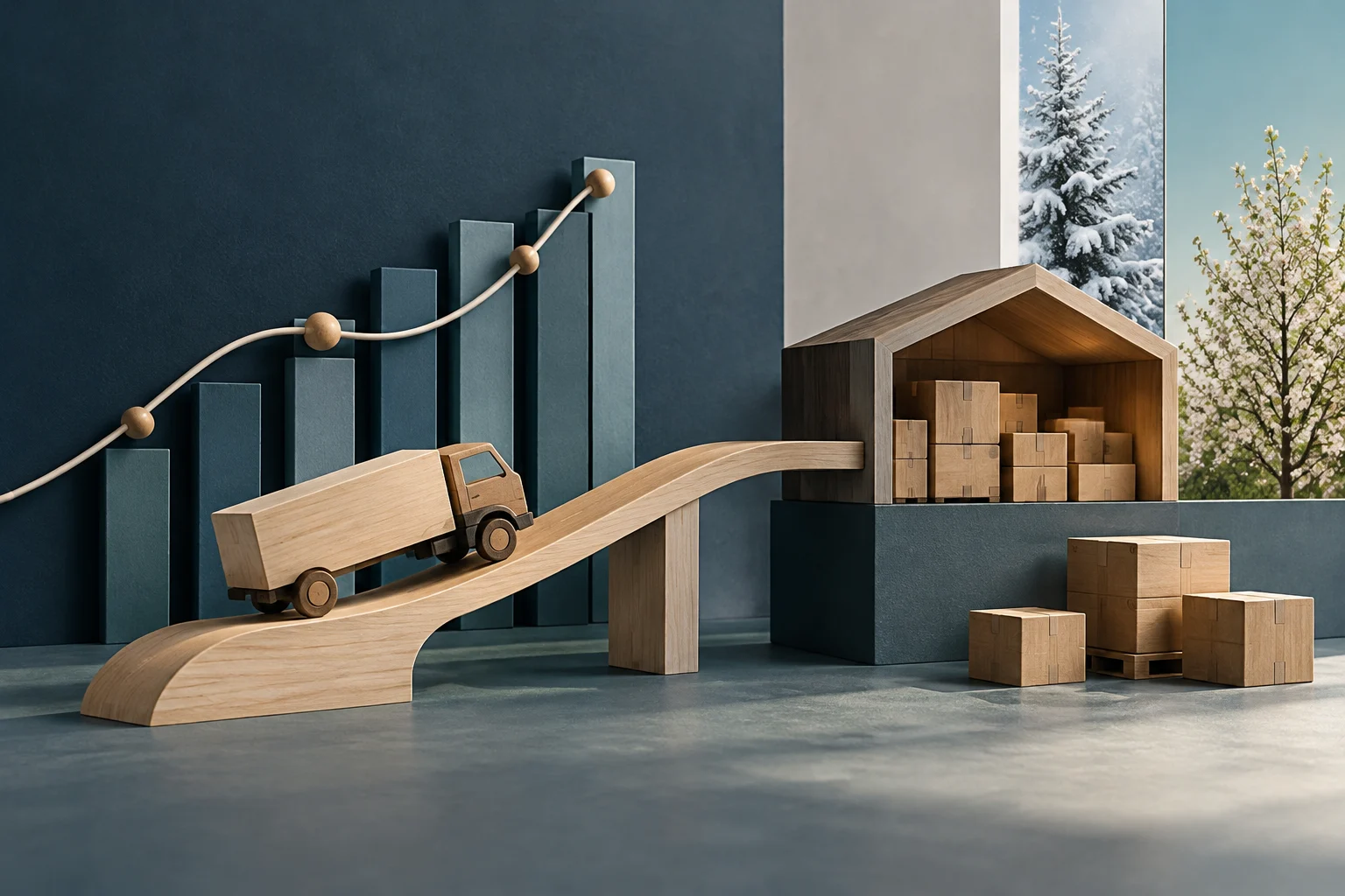 Illustrazione concettuale con un camioncino di legno che sale una rampa verso un magazzino pieno di scatole, con un grafico a barre ascendente sullo sfondo e viste di inverno e primavera.