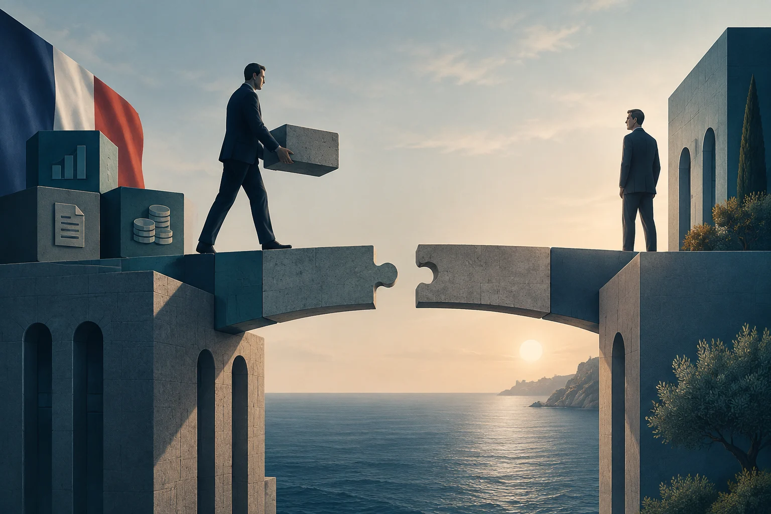 Illustrazione di due uomini in abito ai lati opposti di un ponte di pietra incompleto sul mare. Uno porta un blocco da inserire nel ponte; alle sue spalle ci sono blocchi con icone di un grafico, un documento e delle monete, accanto a una bandiera francese.