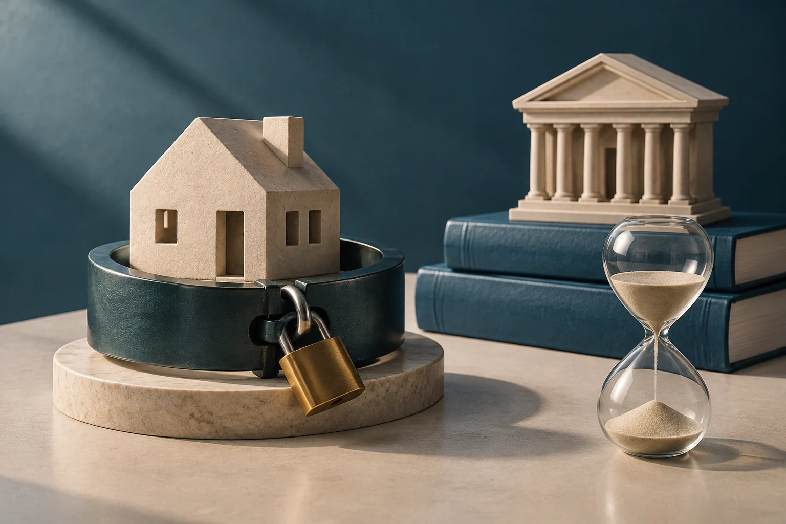 Una casa in miniatura dentro un anello chiuso con un lucchetto, accanto a un edificio con colonne su alcuni libri e a una clessidra.