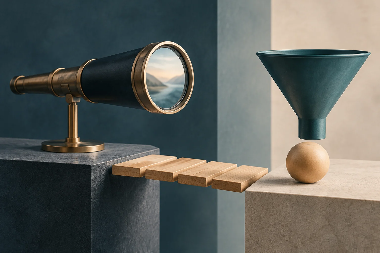 Un antico cannocchiale punta verso un paesaggio visibile nella lente; alcune assi di legno collegano una piattaforma a un imbuto sospeso sopra una sfera.