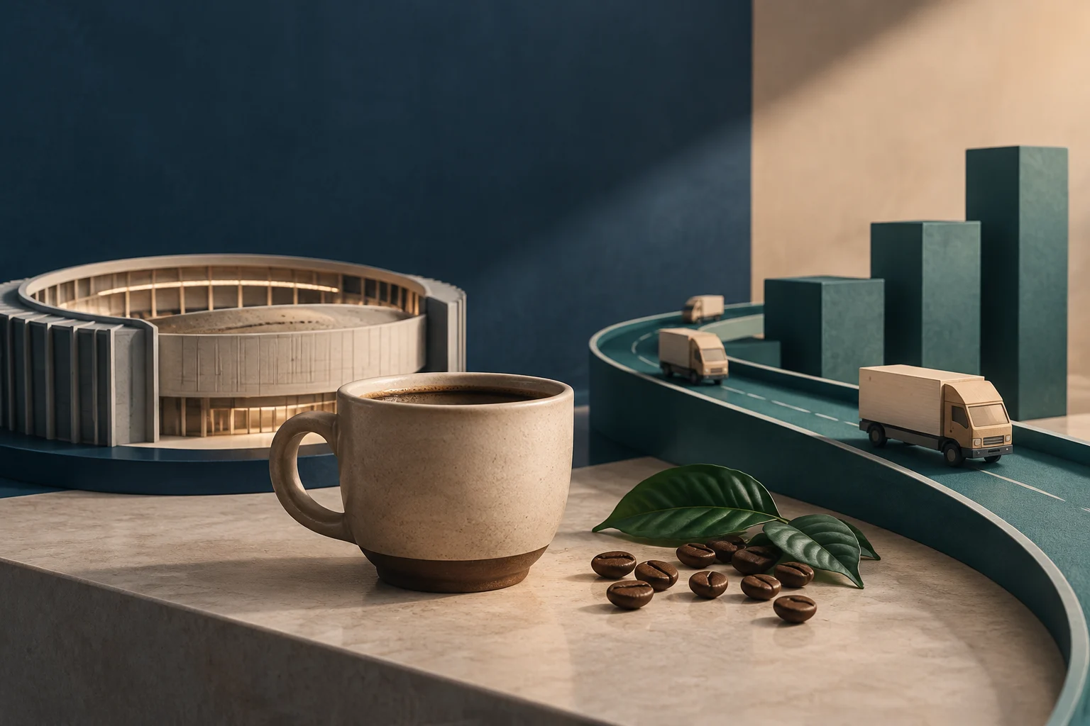 Una tazza di caffè con chicchi e foglie in primo piano; sullo sfondo, un’arena circolare e una strada sopraelevata con diversi camion accanto a blocchi di altezze diverse.