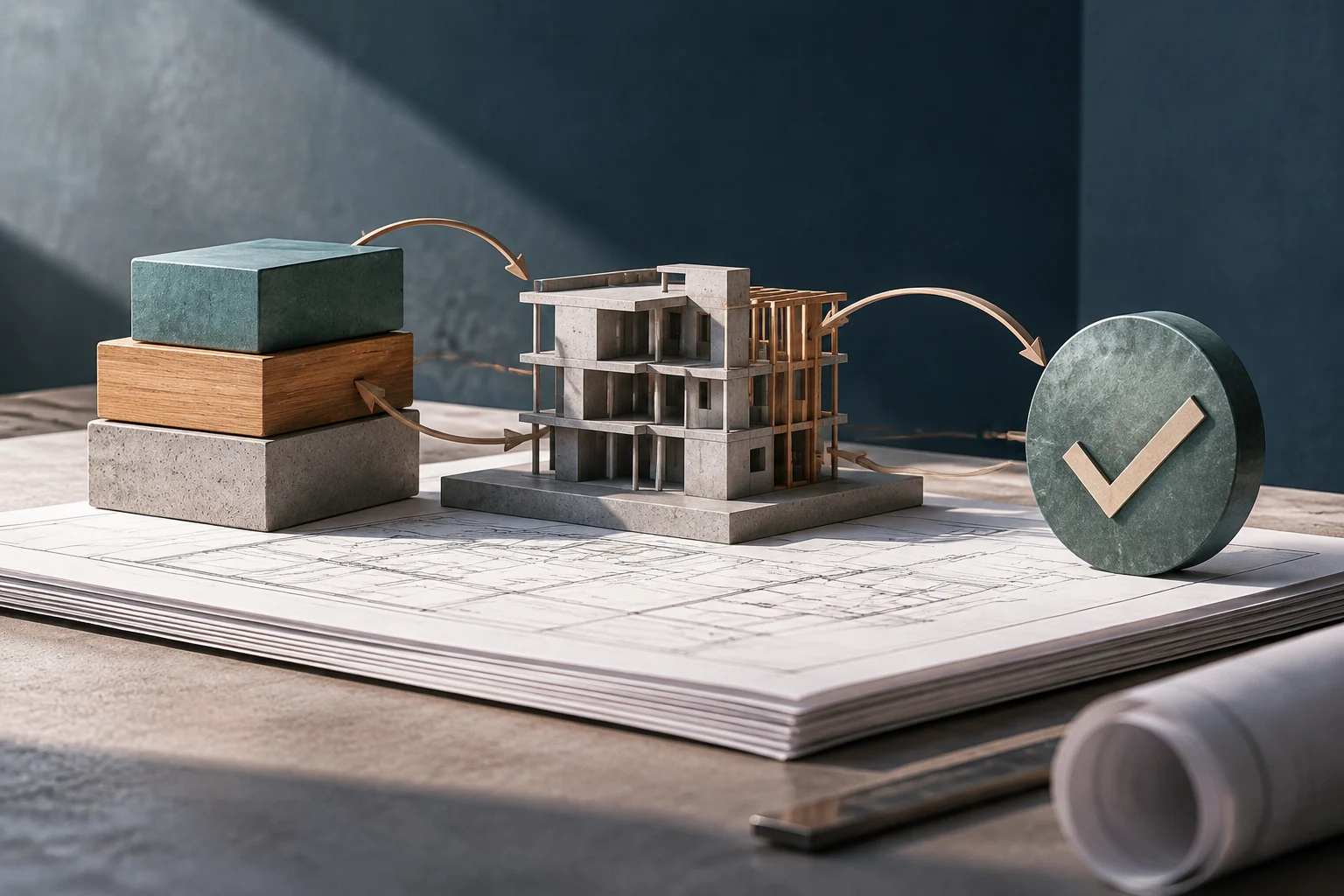 Un modellino di edificio in costruzione è posato su dei progetti, con frecce che lo collegano a blocchi di materiali e a un disco con un segno di spunta.
