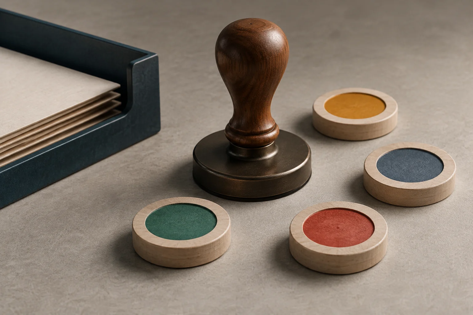 Un timbro di legno si trova accanto a una pila di fogli in un vassoio scuro e a diversi dischi circolari colorati su una superficie chiara.