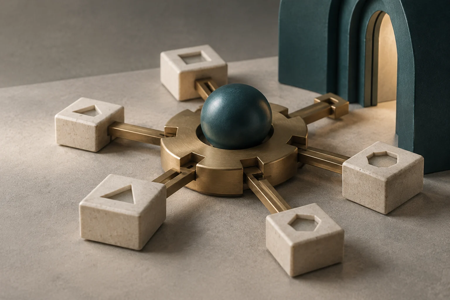 Una sfera scura poggia al centro di un meccanismo metallico, collegata tramite aste a diversi blocchi geometrici di pietra; sullo sfondo c’è una struttura ad arco verde scuro.
