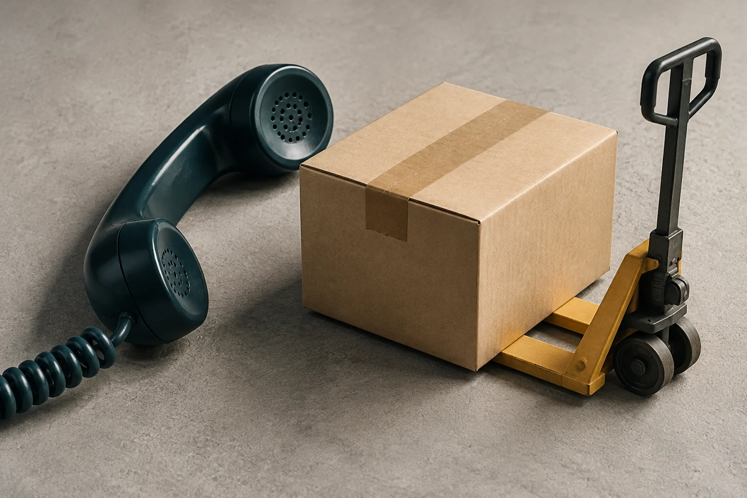 Cuffia del telefono verde scuro e una scatola di cartone su un carrello manuale giallo su una superficie grigia.
