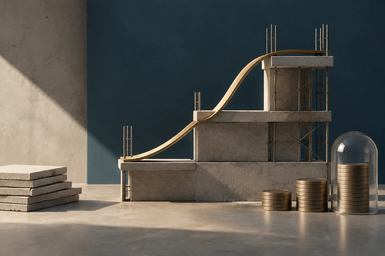 Illustrazione concettuale di una struttura di costruzione in cemento con una curva dorata ascendente sovrapposta, accompagnata da pile di monete e da una campana di vetro su una pila di monete.