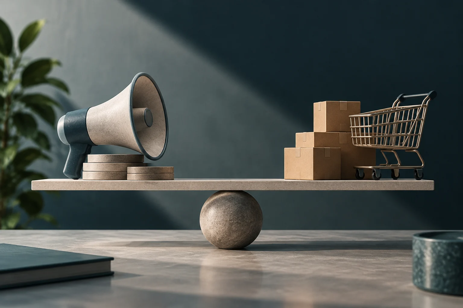 Illustrazione 3D di una bilancia in equilibrio su una sfera. Sul lato sinistro c'è un megafono e delle monete, e sul destro, delle scatole di cartone e un carrello della spesa.