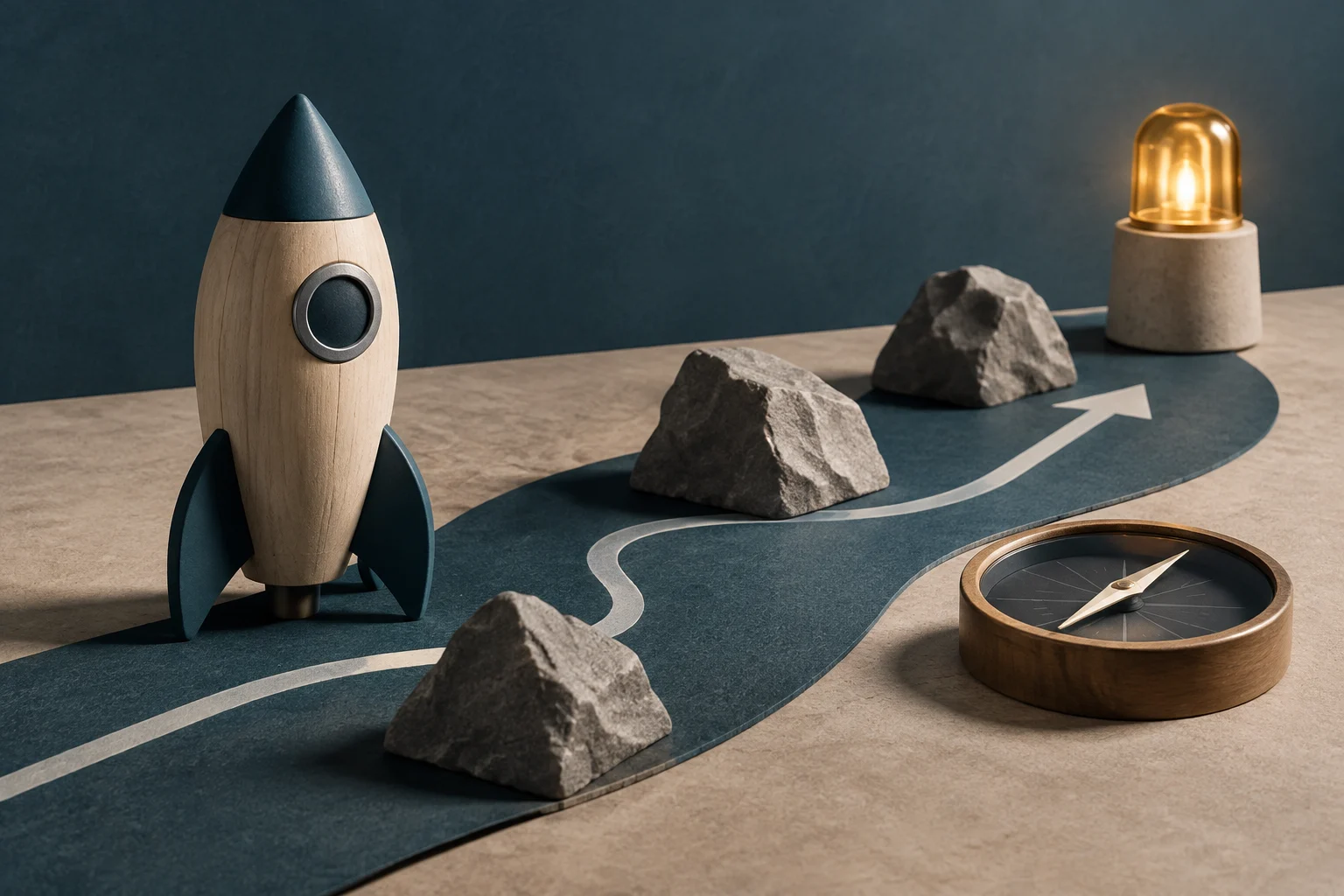 Illustrazione concettuale di un razzo di legno su un percorso con rocce come ostacoli, una bussola e una lampada accesa sullo sfondo.