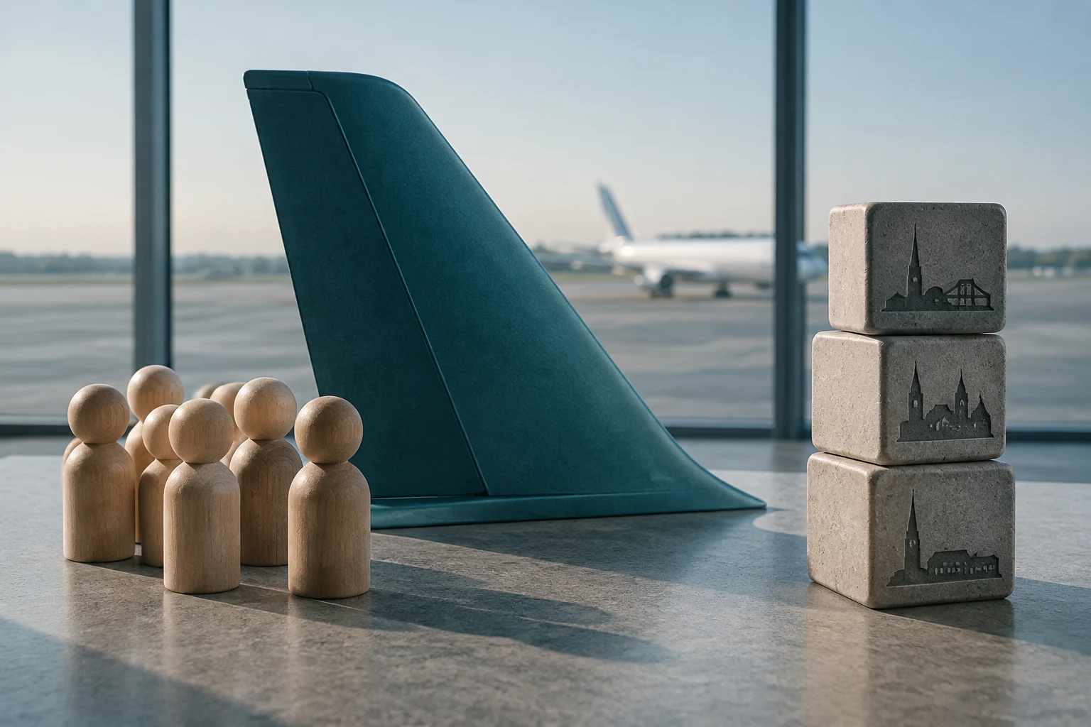 Figure di legno generiche, un'ala di aereo verde acqua e una pila di tre blocchi di pietra con silhouette di edifici incise, posizionate su un tavolo con un aereo sfocato sullo sfondo.