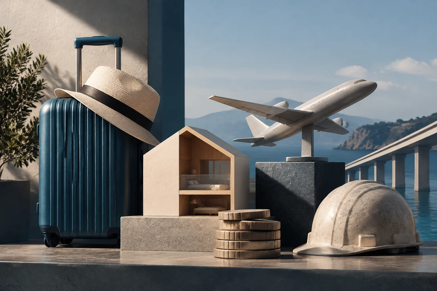 Illustrazione concettuale con una valigia, un cappello di paglia, un modello di casa, monete, un casco da cantiere e un modello di aereo su uno sfondo di paesaggio costiero.