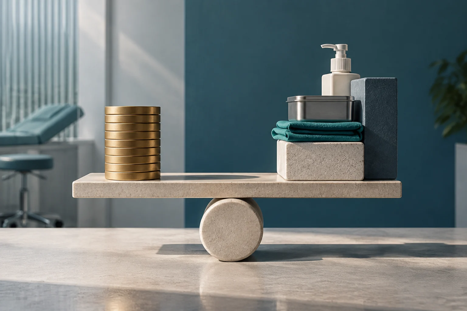 Una bilancia concettuale su un tavolo di marmo. Sul lato sinistro c'è una pila di monete d'oro. Sul lato destro c'è una pila di oggetti tra cui un asciugamano verde, un contenitore metallico e un dispenser di sapone. In sfocato sullo sfondo, si vede un lettino da clinica.