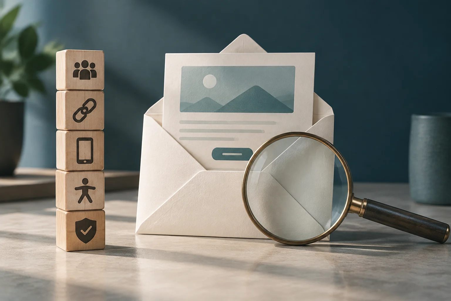 Una busta bianca con una lettera e una lente d'ingrandimento in legno su un tavolo, accanto a una pila di blocchi di legno con icone di utenti, link, mobile, accessibilità e sicurezza.