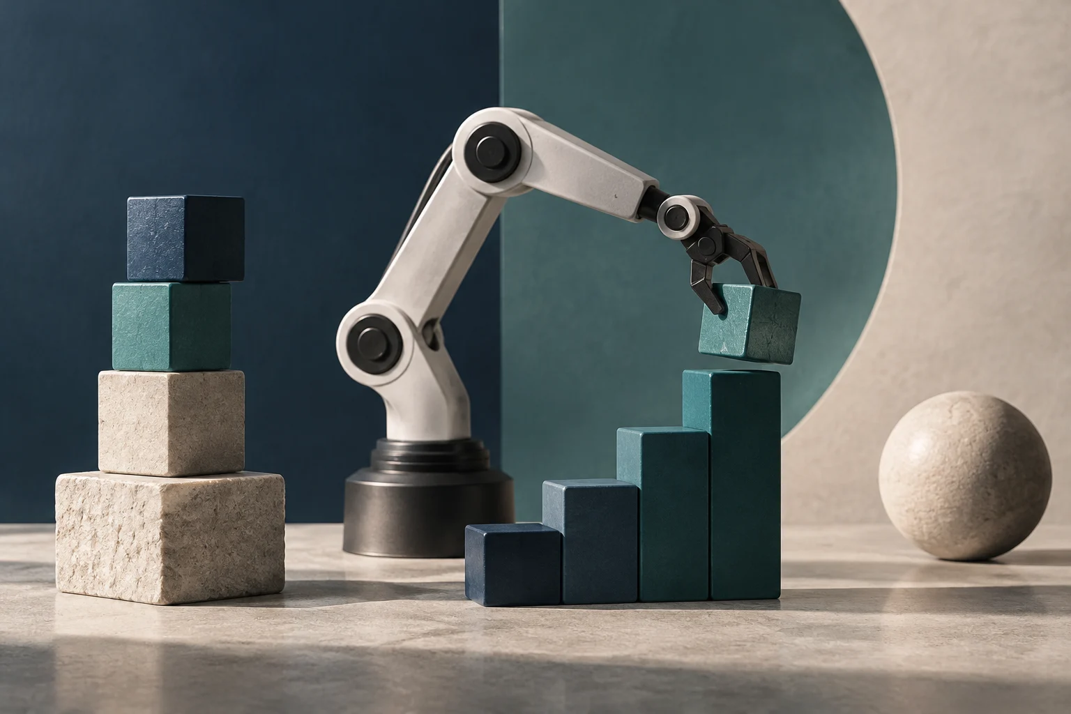 Un braccio robotico bianco posiziona un cubo verde su una struttura di blocchi ascendenti di colori blu e verde, somigliante a un grafico a barre, mentre impila altri blocchi a sinistra.