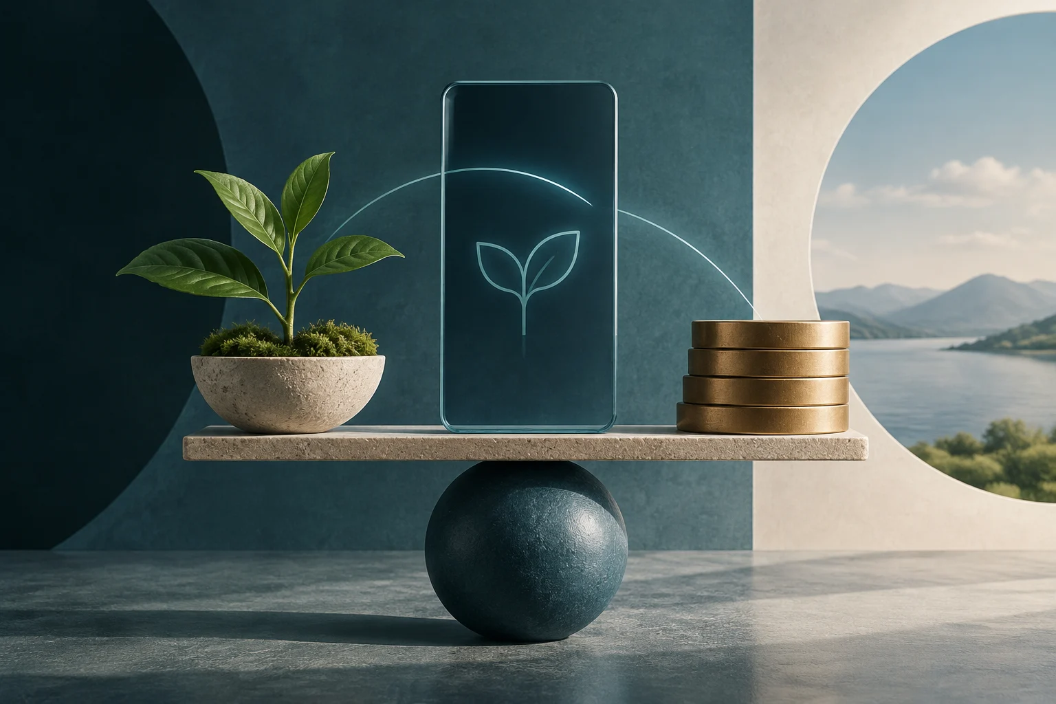 Illustrazione concettuale di uno smartphone con un'icona di foglia, in equilibrio su una sfera accanto a una pianta e a una pila di monete d'oro, a simboleggiare l'equilibrio tra tecnologia, sostenibilità e finanza.