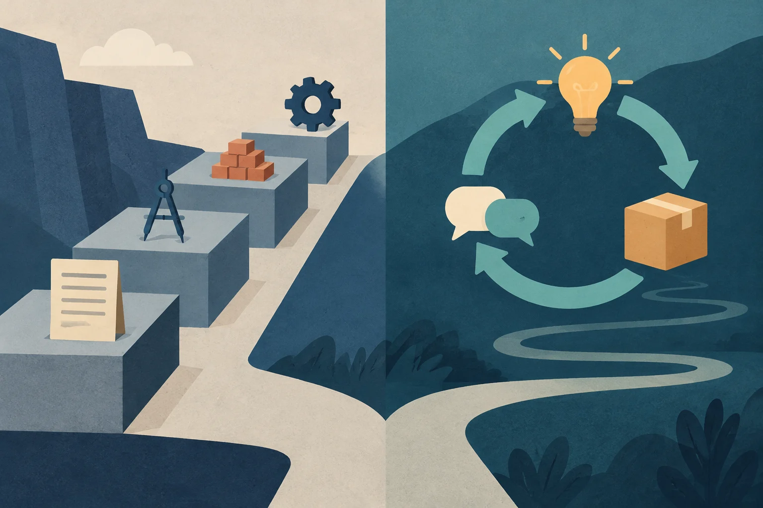 Illustrazione divisa in due: a sinistra, una scala lineare con strumenti di pianificazione; a destra, un ciclo circolare con una lampadina, un pacco e nuvolette di dialogo.
