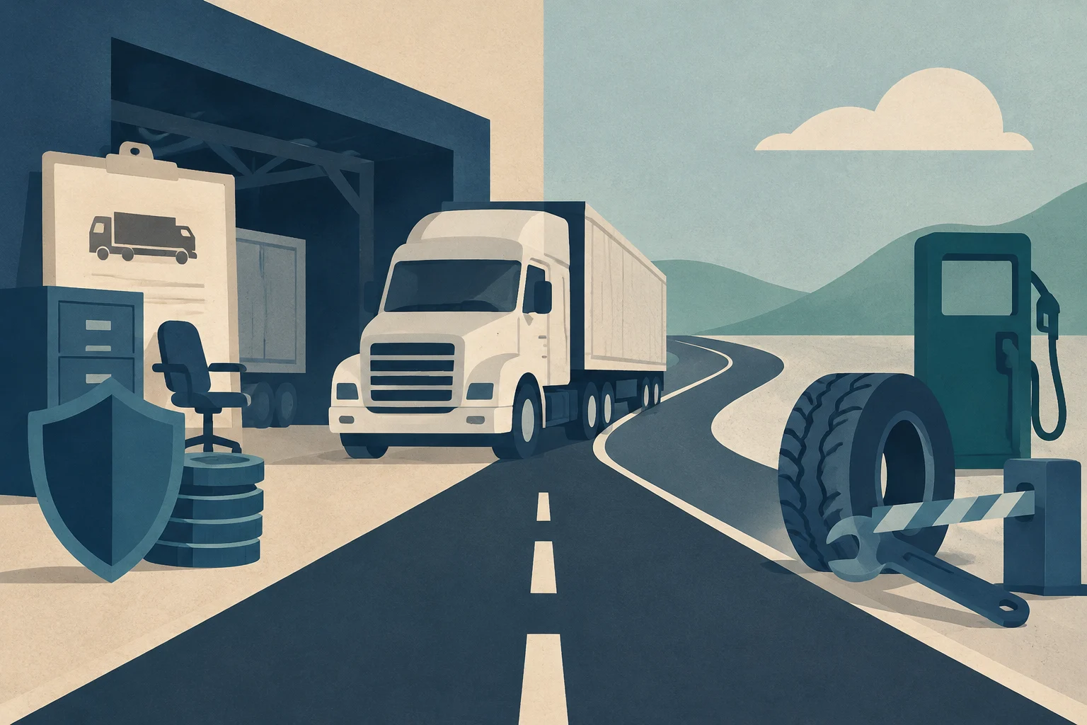 Illustrazione concettuale di un camion su una strada, fiancheggiata da simboli di costi fissi come uno scudo e delle monete, e di costi variabili come un distributore di carburante e uno pneumatico.