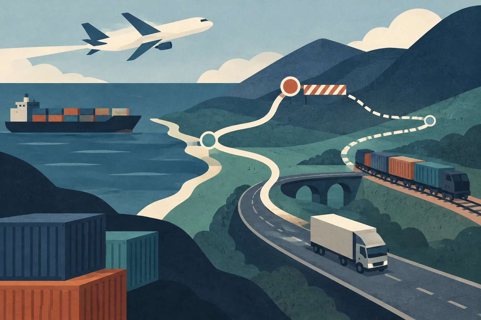 Illustrazione concettuale che mostra una rete di trasporto multimodale con una nave, un aereo, un camion e un treno. Un percorso sulla mappa aggira una barriera, simboleggiando la ricerca di rotte alternative in caso di interruzione.