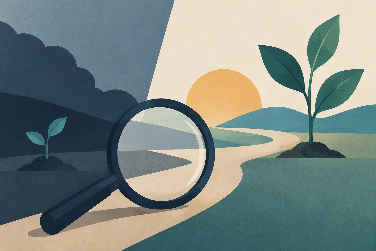 Illustrazione concettuale di una lente d'ingrandimento su un sentiero che collega una piccola pianta all'ombra a una grande pianta sotto il sole.